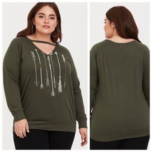 Torrid Size 2X Olive Lightweight Choker Sweatshirt Arrows Long Sleeve Green